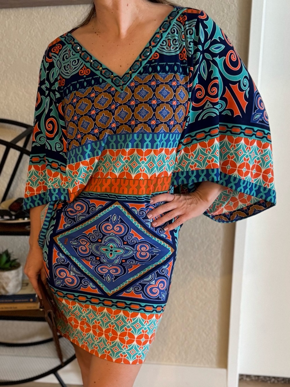 Hale Bob Navy, Turquoise & Orange Printed V-Neck Mini Dress